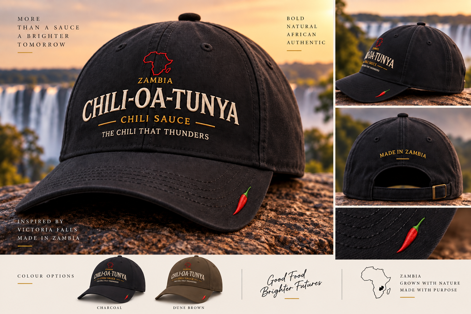 Chili-Oa-Tunya embroidered cap in charcoal and dune brown, in front of Victoria Falls