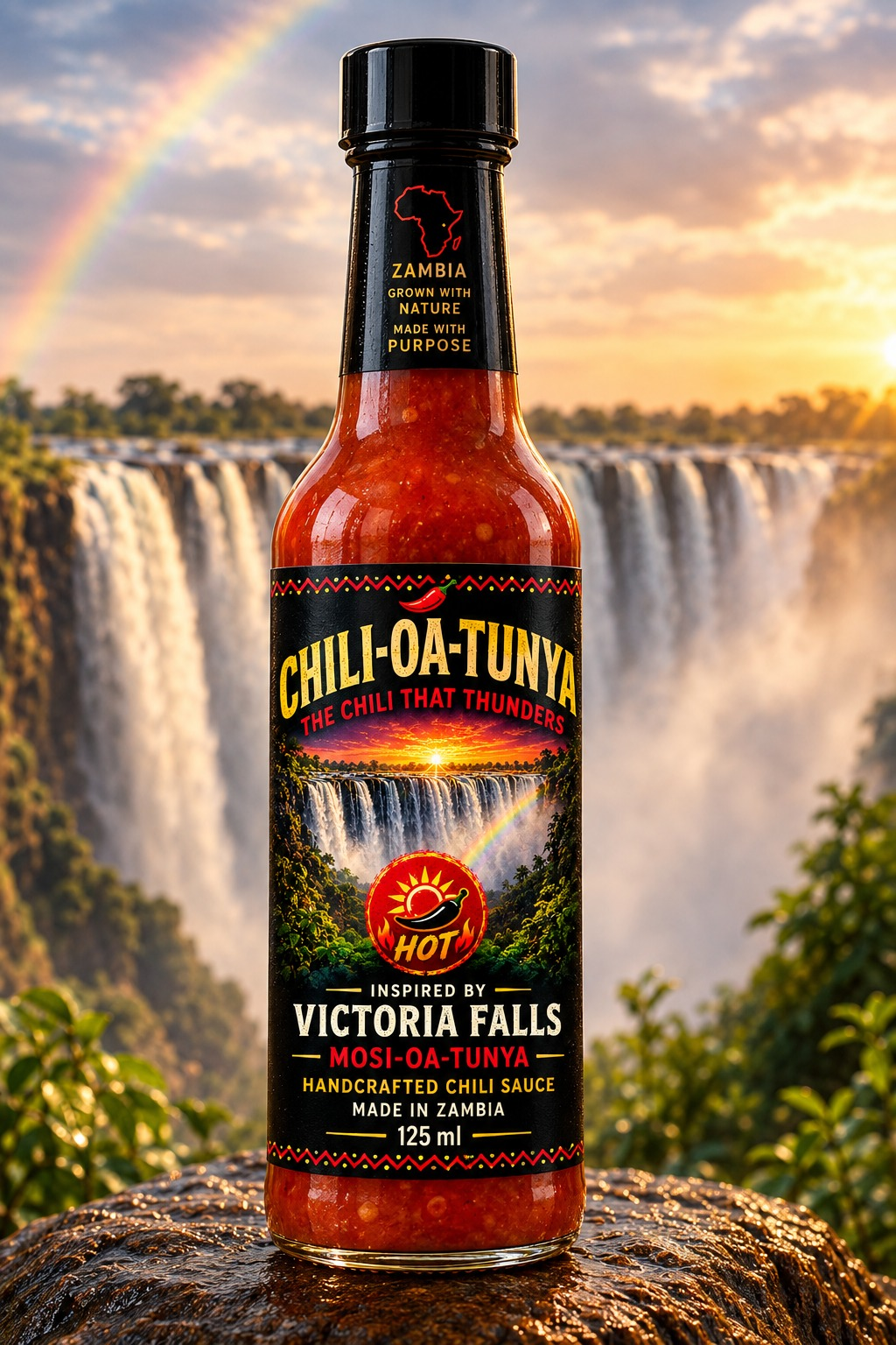 Chili-Oa-Tunya 125ml handcrafted chili sauce bottle in front of Victoria Falls