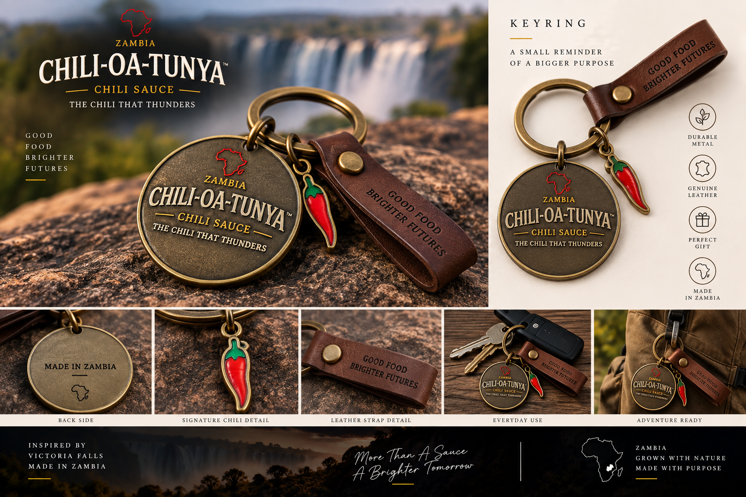 Chili-Oa-Tunya brass and leather key ring with chili charm