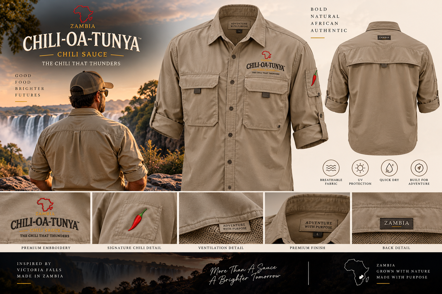 Chili-Oa-Tunya khaki adventure fishing shirt with embroidered branding